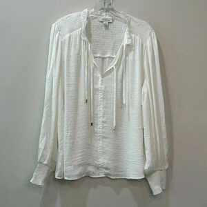 Calligraphie White Long Sleeve Ruffle Neck Tie Collar Blouse XL NWT